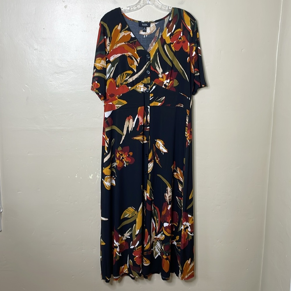 MSK Dress Black & Orange Foliage Empire Waist Center Buttons 40’s Inspired XL